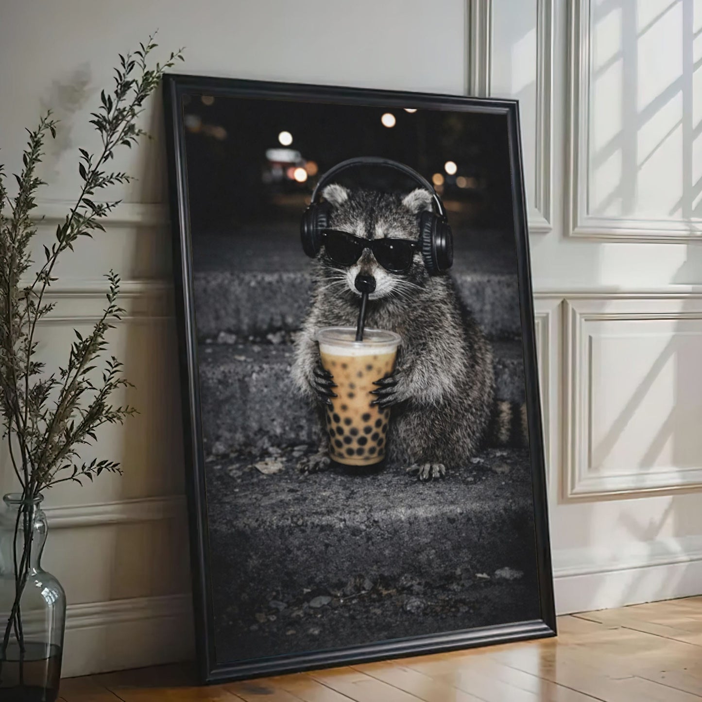Cool Raccoon Drinking Boba Canvas Wall Art Headphones & Sunglasses Funny Decor