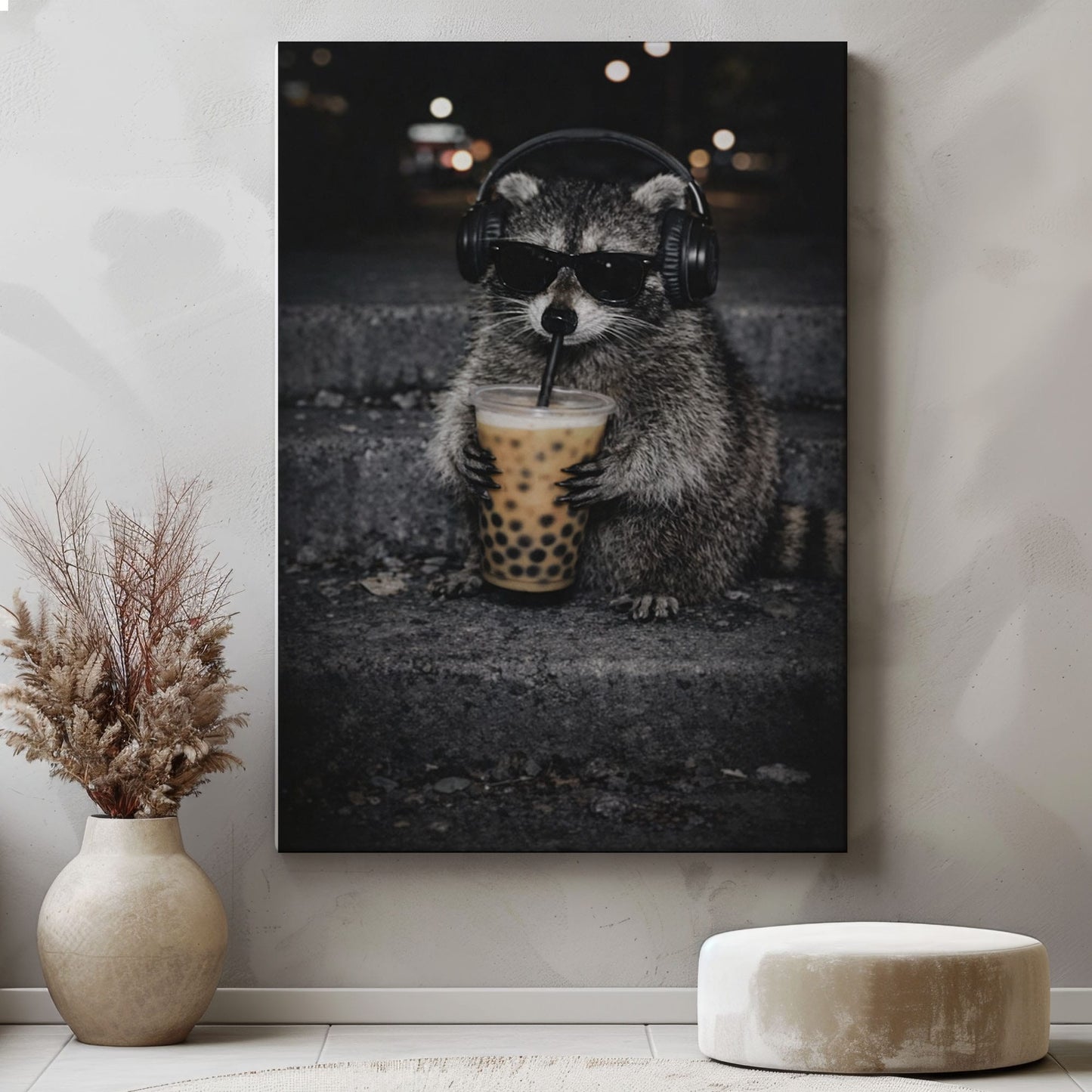 Cool Raccoon Drinking Boba Canvas Wall Art Headphones & Sunglasses Funny Decor