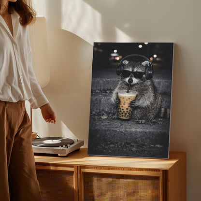 Cool Raccoon Drinking Boba Canvas Wall Art Headphones & Sunglasses Funny Decor