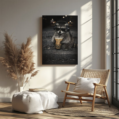 Cool Raccoon Drinking Boba Canvas Wall Art Headphones & Sunglasses Funny Decor