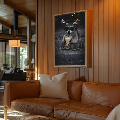 Cool Raccoon Drinking Boba Canvas Wall Art Headphones & Sunglasses Funny Decor