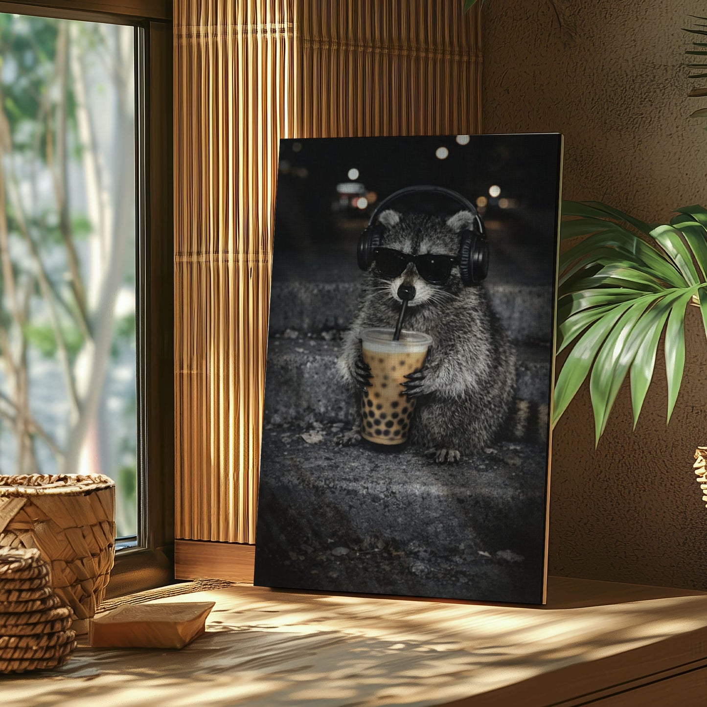 Cool Raccoon Drinking Boba Canvas Wall Art Headphones & Sunglasses Funny Decor