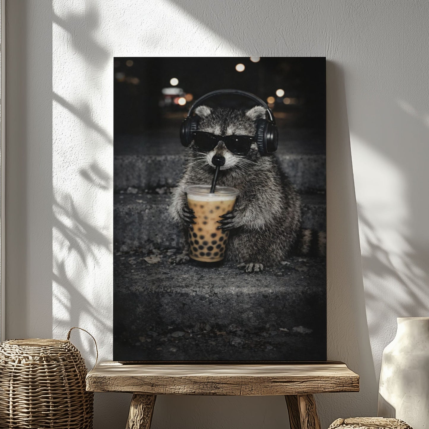 Cool Raccoon Drinking Boba Canvas Wall Art Headphones & Sunglasses Funny Decor