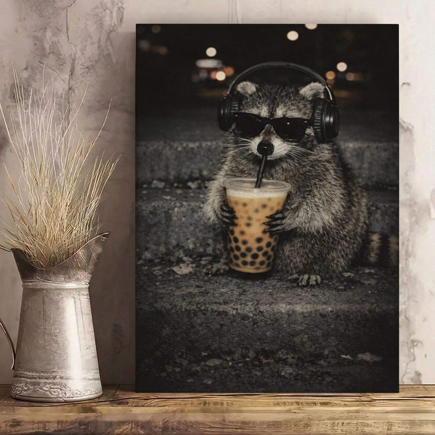 Cool Raccoon Drinking Boba Canvas Wall Art Headphones & Sunglasses Funny Decor