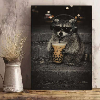 Cool Raccoon Drinking Boba Canvas Wall Art Headphones & Sunglasses Funny Decor