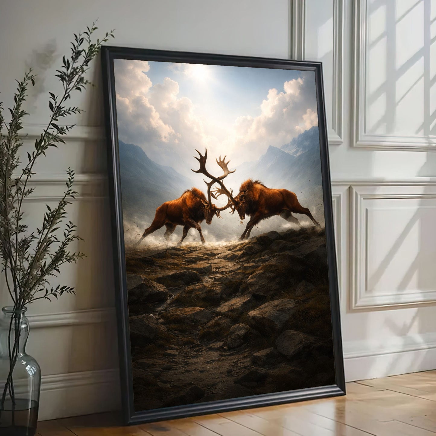 Elk Battle Canvas Wall Art Majestic Stags Locking Antlers Mountain Landscape