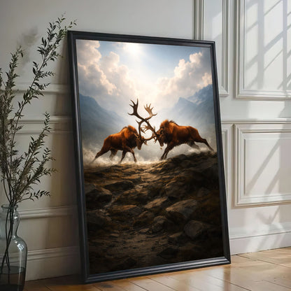 Elk Battle Canvas Wall Art Majestic Stags Locking Antlers Mountain Landscape