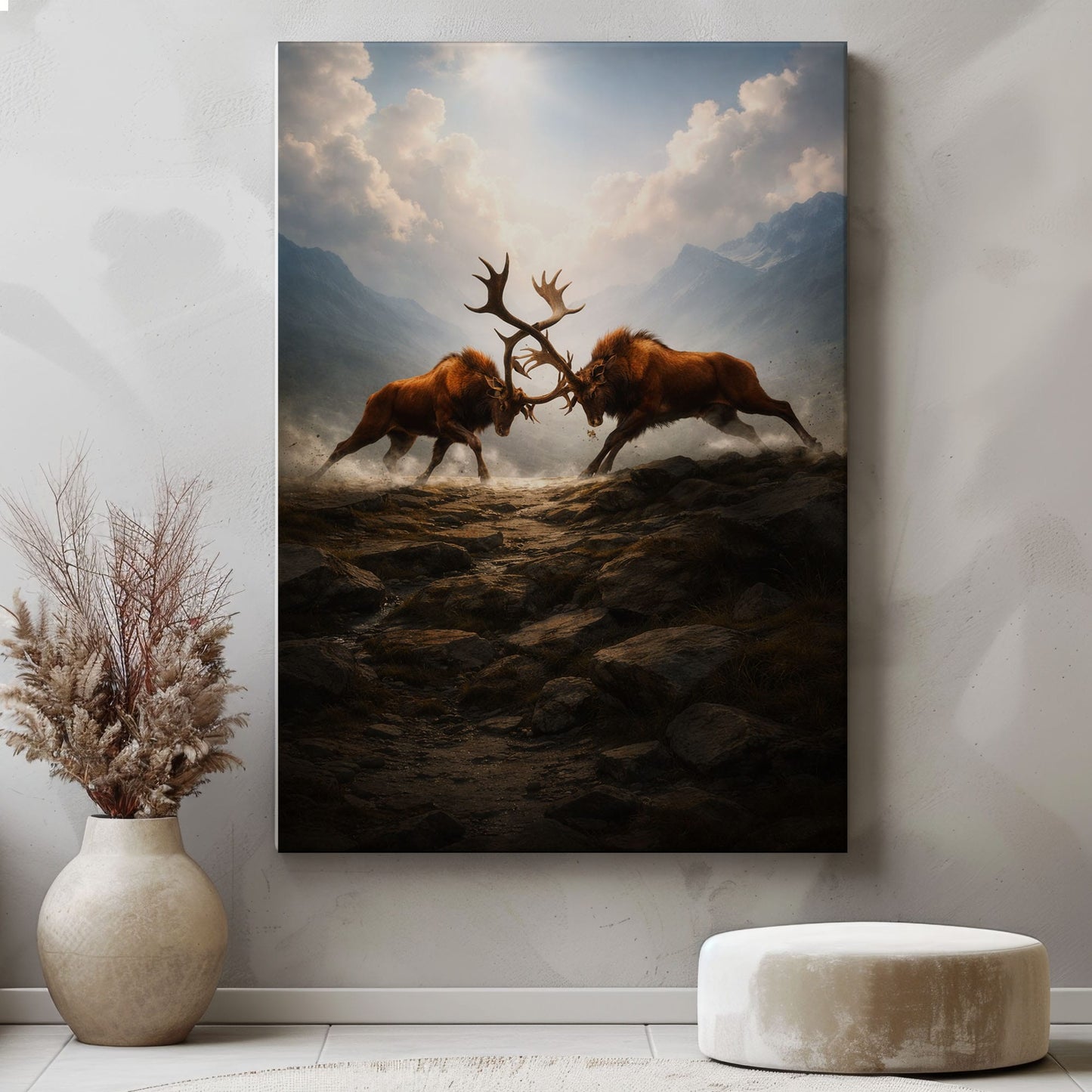 Elk Battle Canvas Wall Art Majestic Stags Locking Antlers Mountain Landscape
