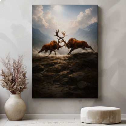 Elk Battle Canvas Wall Art Majestic Stags Locking Antlers Mountain Landscape