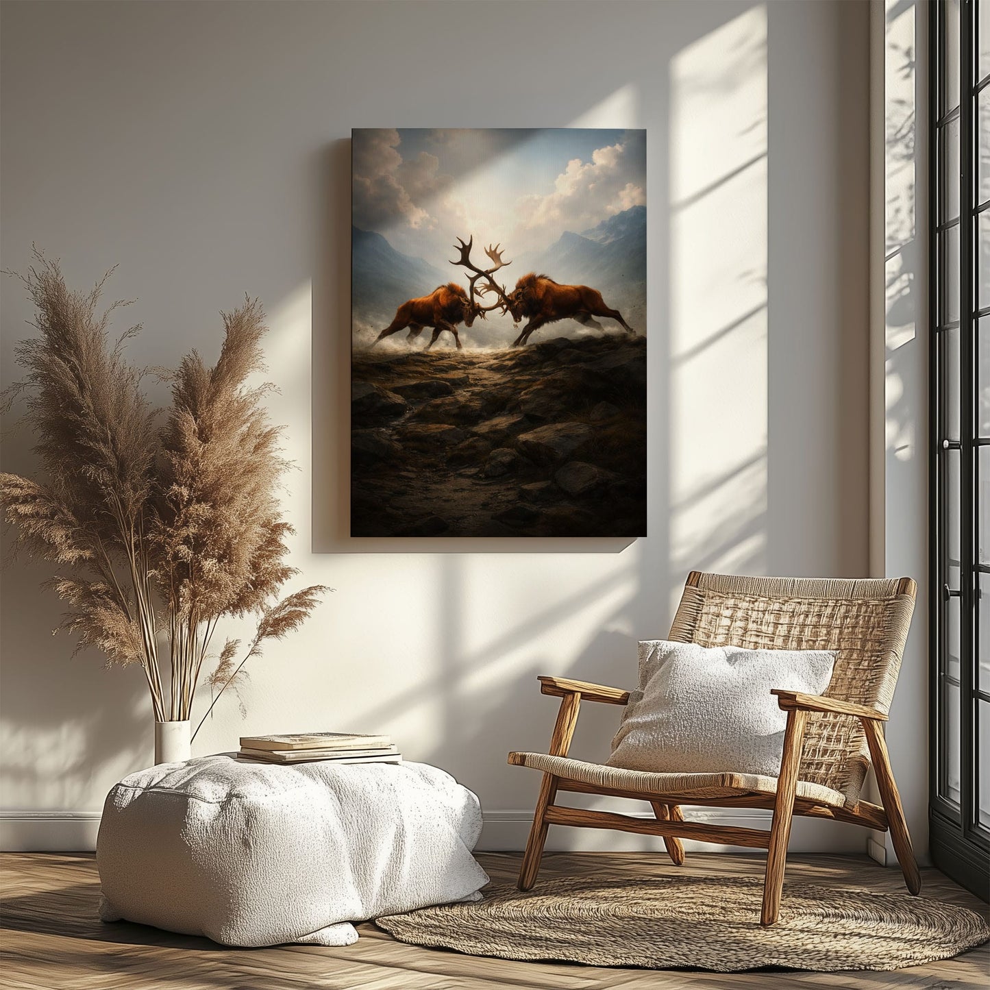 Elk Battle Canvas Wall Art Majestic Stags Locking Antlers Mountain Landscape