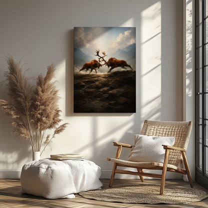 Elk Battle Canvas Wall Art Majestic Stags Locking Antlers Mountain Landscape