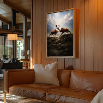 Elk Battle Canvas Wall Art Majestic Stags Locking Antlers Mountain Landscape