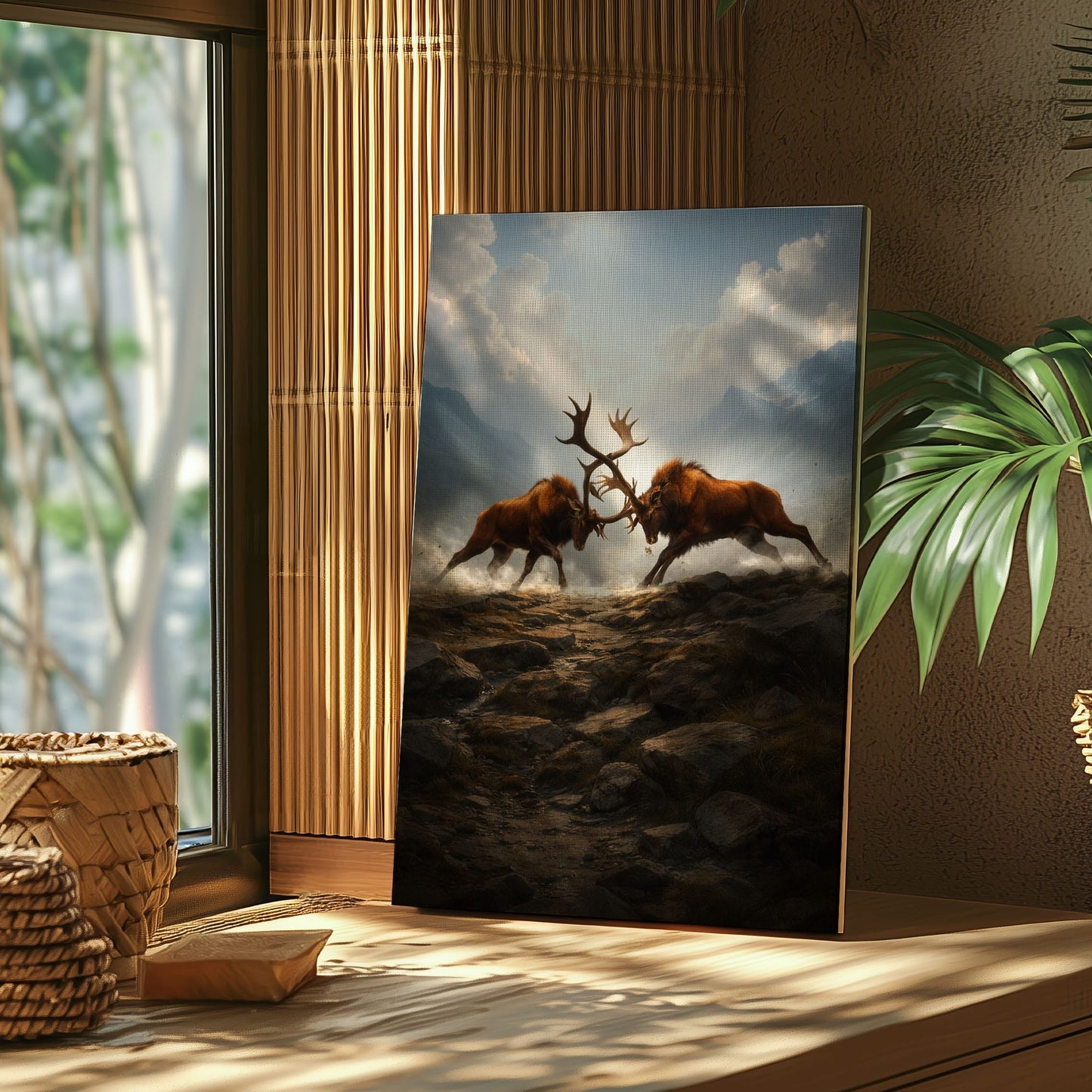 Elk Battle Canvas Wall Art Majestic Stags Locking Antlers Mountain Landscape