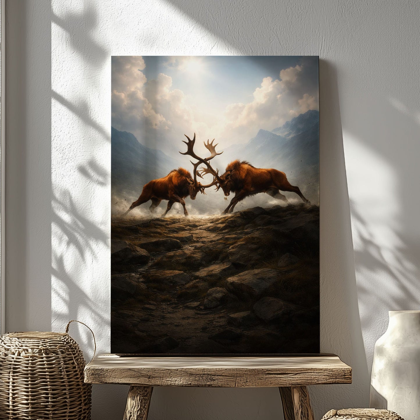 Elk Battle Canvas Wall Art Majestic Stags Locking Antlers Mountain Landscape