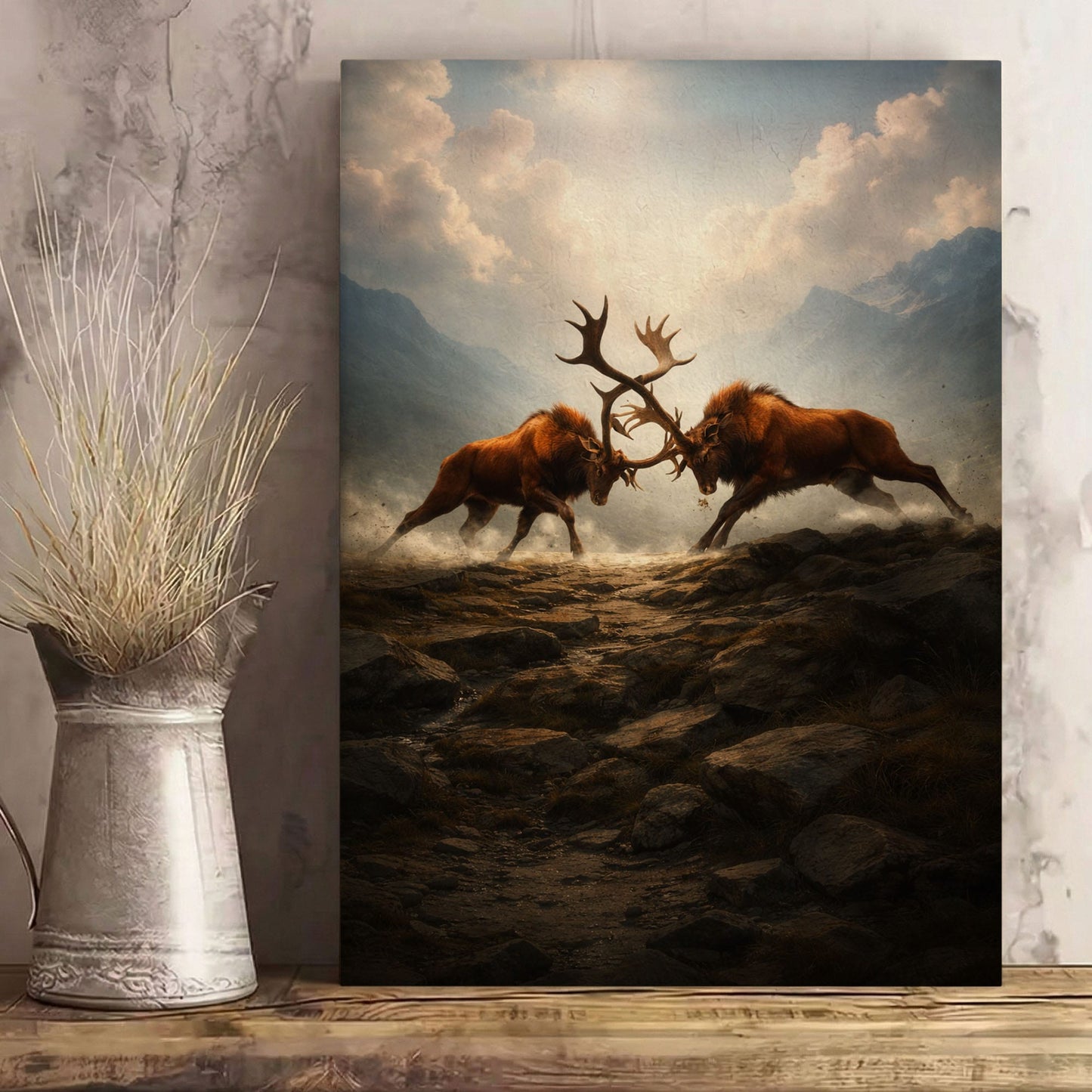 Elk Battle Canvas Wall Art Majestic Stags Locking Antlers Mountain Landscape