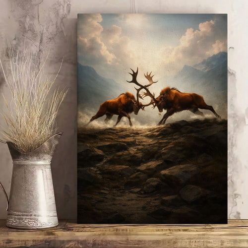 Elk Battle Canvas Wall Art Majestic Stags Locking Antlers Mountain Landscape