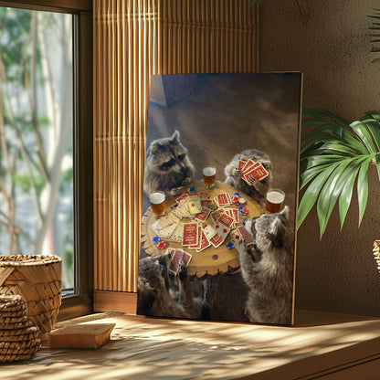 Raccoon Poker Night Canvas Print Drinking Beer Funny Wall Art
