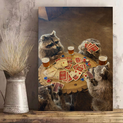 Raccoon Poker Night Canvas Print Drinking Beer Funny Wall Art