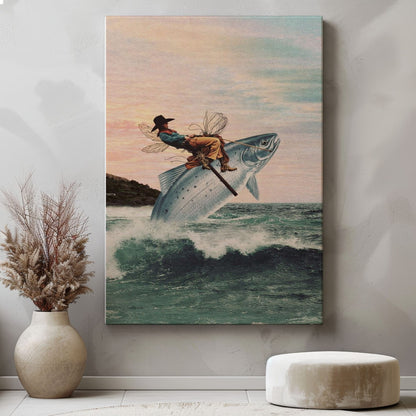 Cowboy Riding a Giant Fish Canvas Wall Art