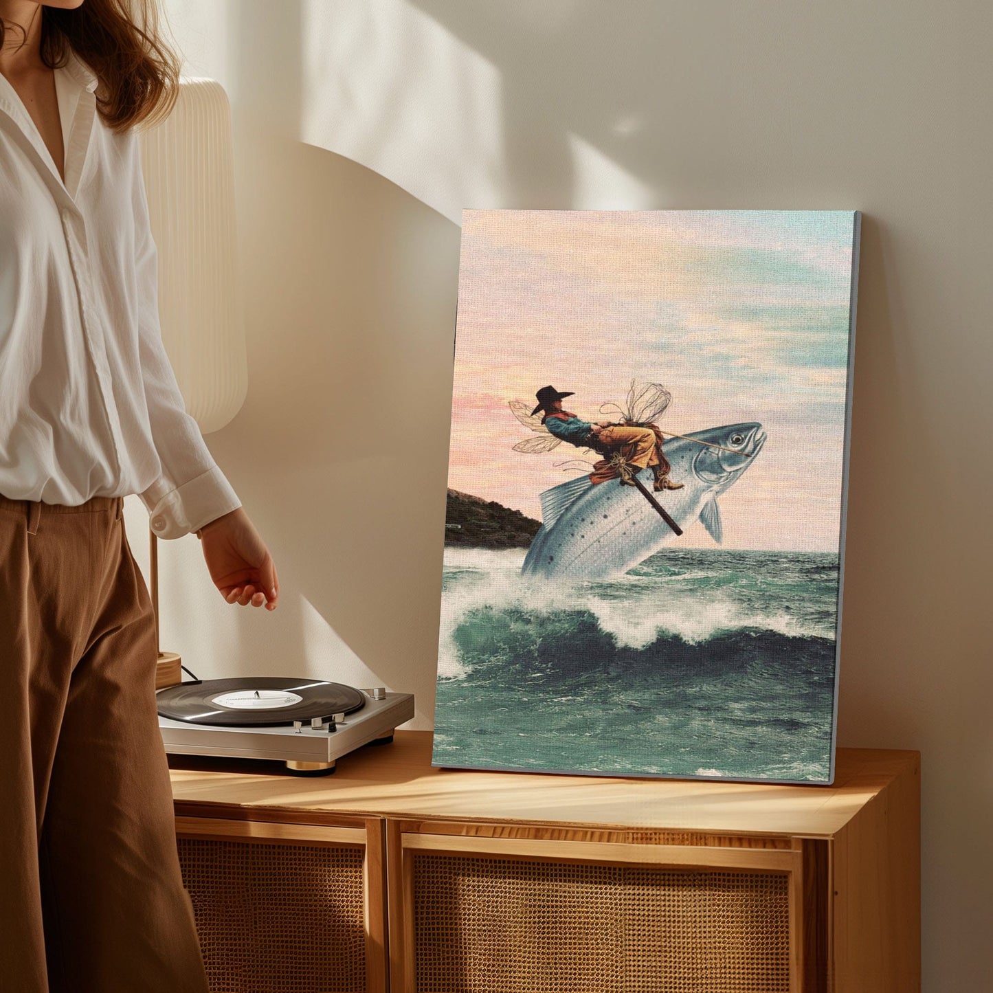 Cowboy Riding a Giant Fish Canvas Wall Art