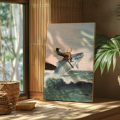 Cowboy Riding a Giant Fish Canvas Wall Art