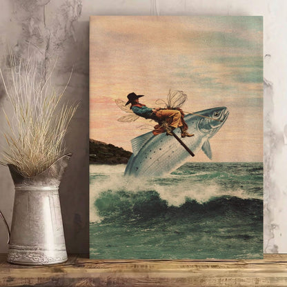 Cowboy Riding a Giant Fish Canvas Wall Art