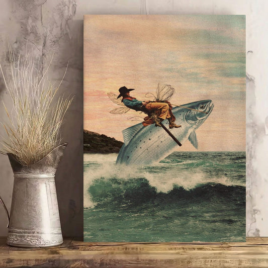 Cowboy Riding a Giant Fish Canvas Wall Art