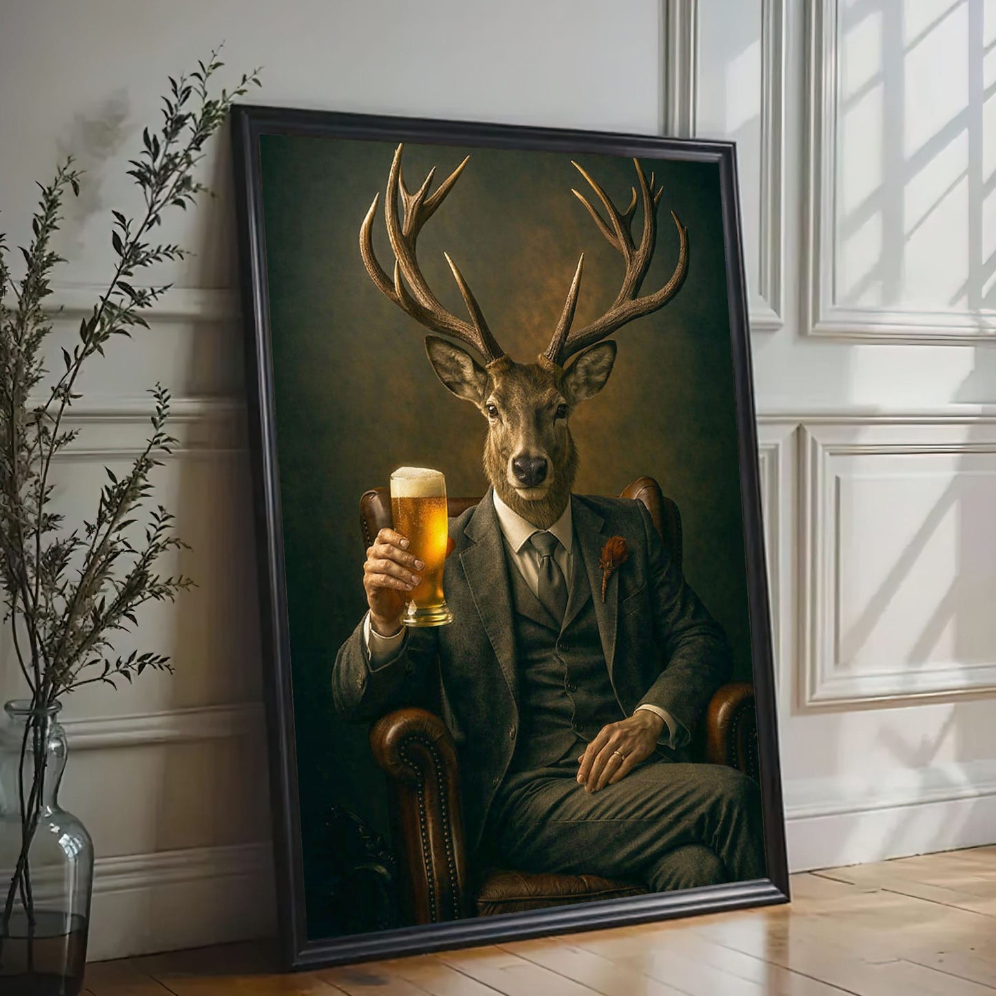 Whiskey & Beer Lounge Decor Canvas Elegant Deer Portrait Wall Art