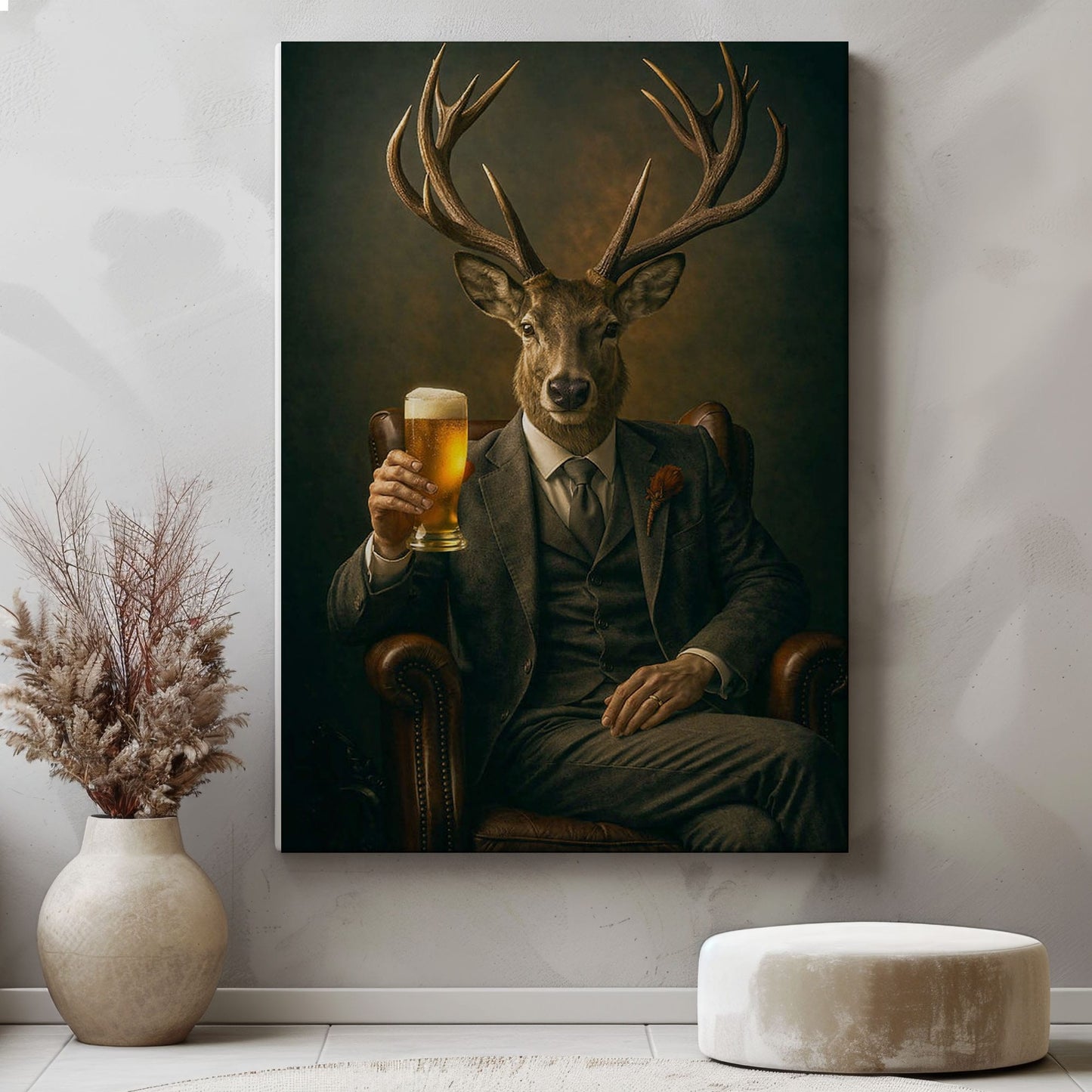 Whiskey & Beer Lounge Decor Canvas Elegant Deer Portrait Wall Art