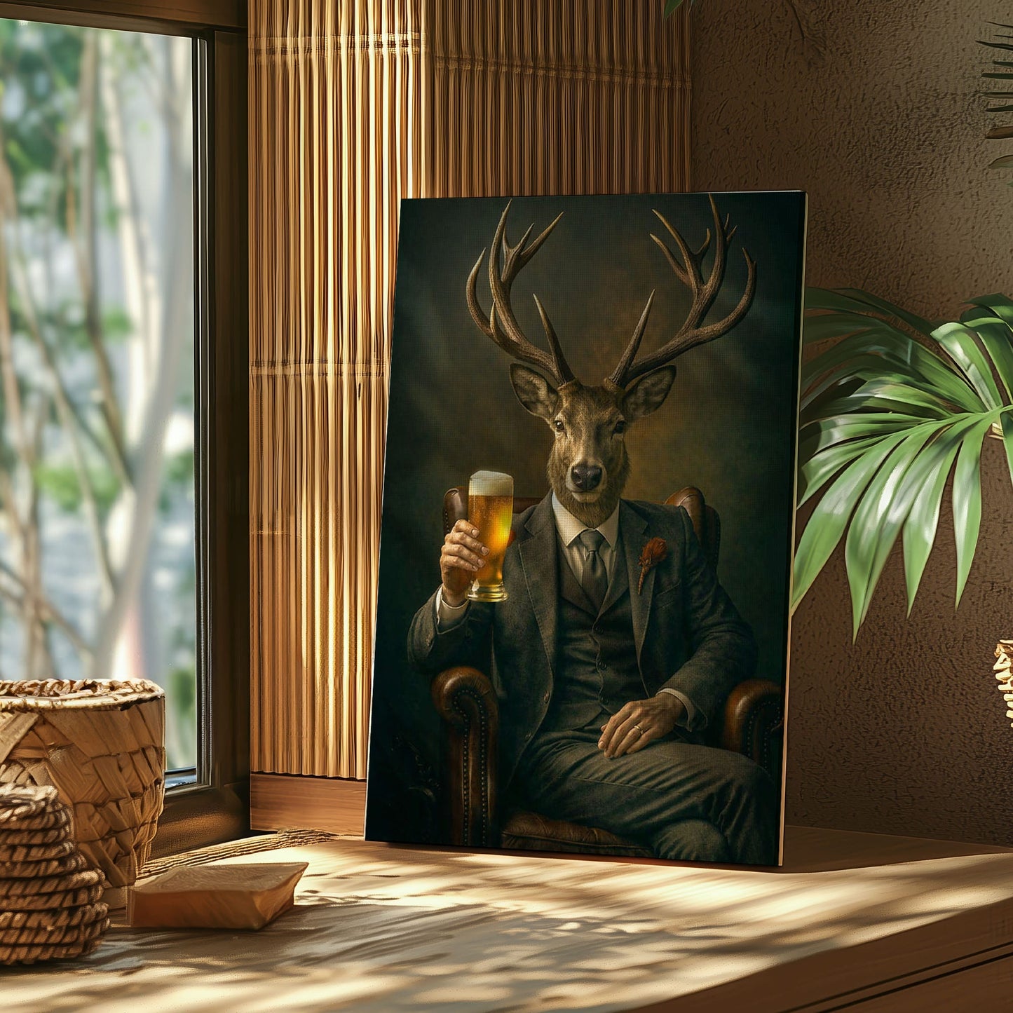Whiskey & Beer Lounge Decor Canvas Elegant Deer Portrait Wall Art
