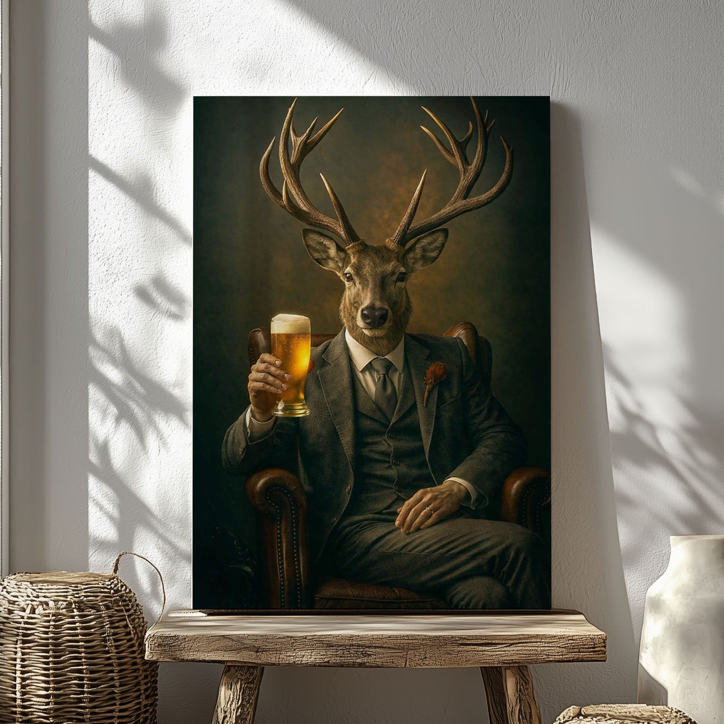 Whiskey & Beer Lounge Decor Canvas Elegant Deer Portrait Wall Art