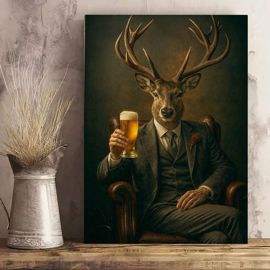 Whiskey & Beer Lounge Decor Canvas Elegant Deer Portrait Wall Art
