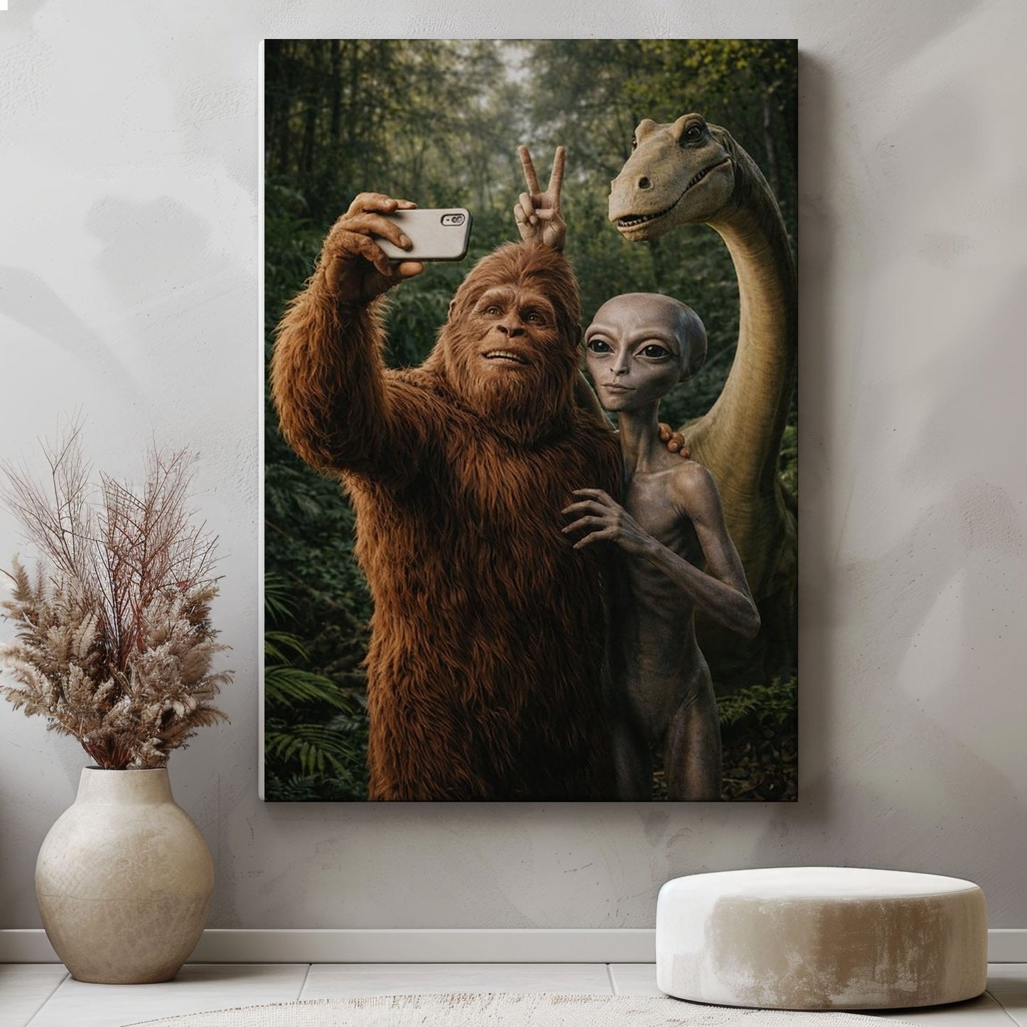 Bigfoot Alien Dinosaur Selfie Canvas Wall Art