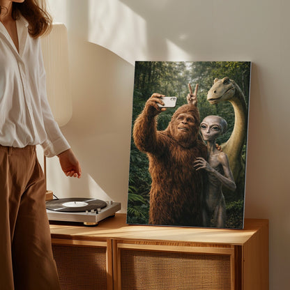 Bigfoot Alien Dinosaur Selfie Canvas Wall Art