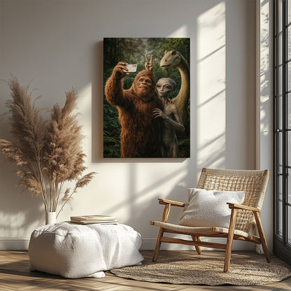 Bigfoot Alien Dinosaur Selfie Canvas Wall Art