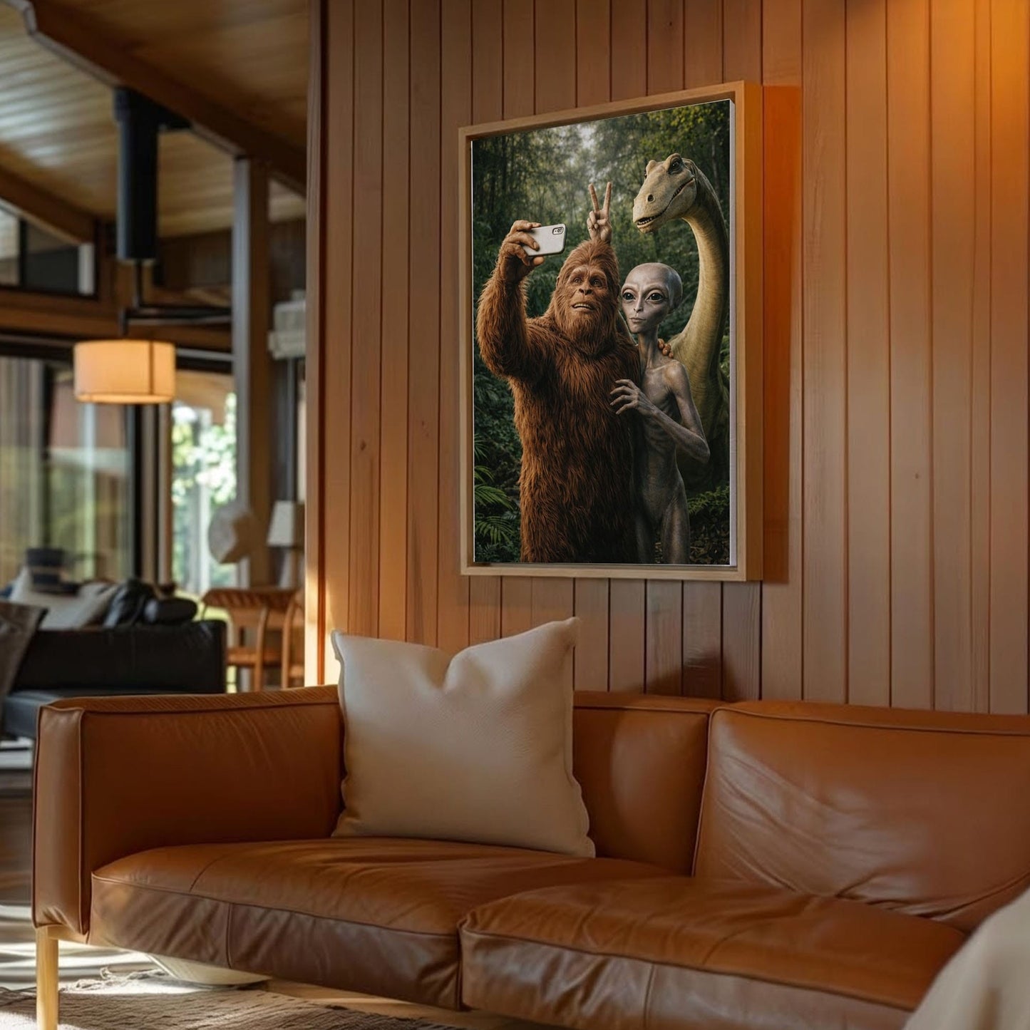 Bigfoot Alien Dinosaur Selfie Canvas Wall Art