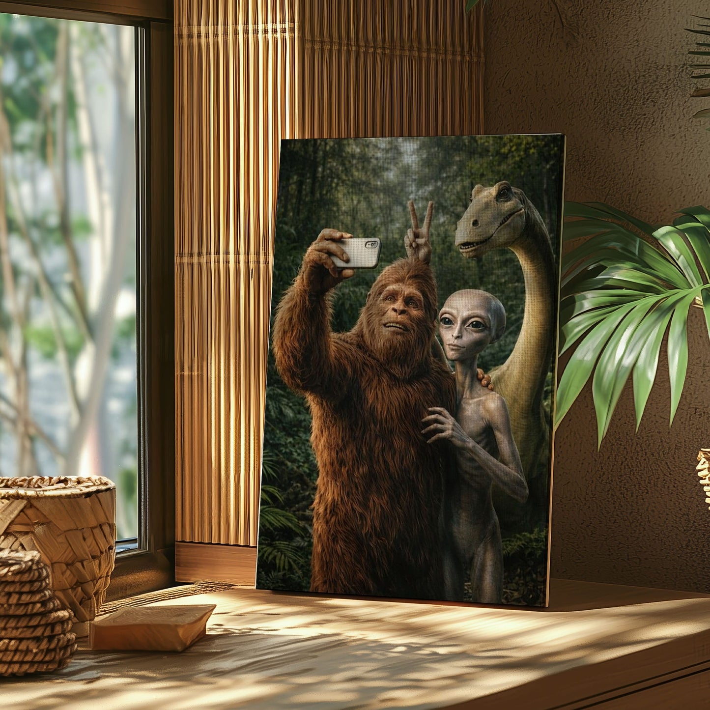 Bigfoot Alien Dinosaur Selfie Canvas Wall Art