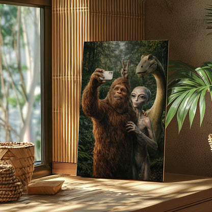 Bigfoot Alien Dinosaur Selfie Canvas Wall Art