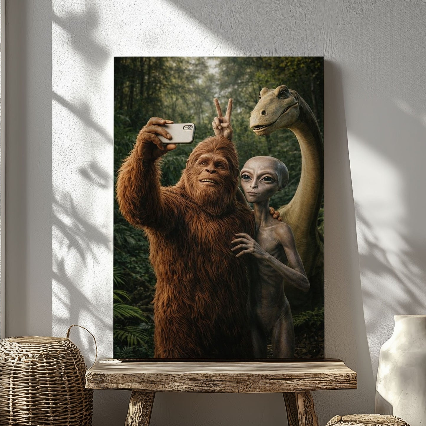Bigfoot Alien Dinosaur Selfie Canvas Wall Art