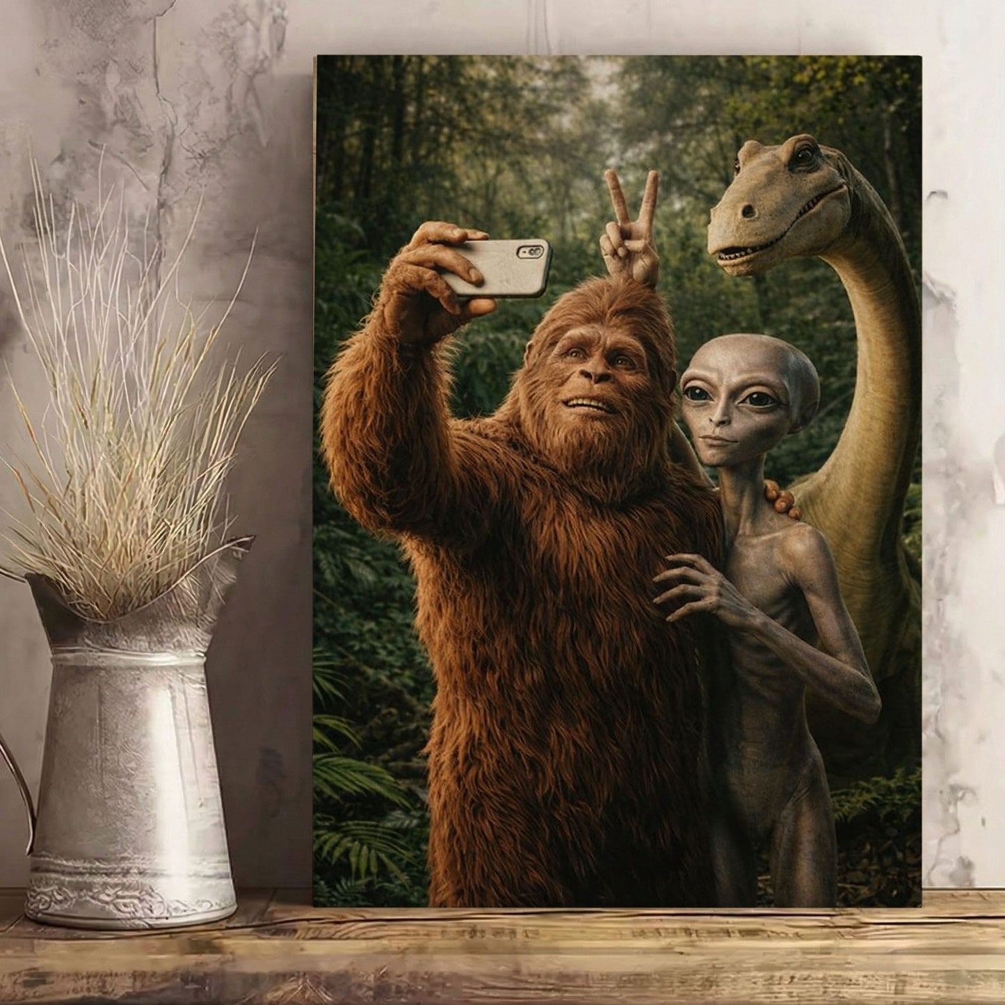 Bigfoot Alien Dinosaur Selfie Canvas Wall Art