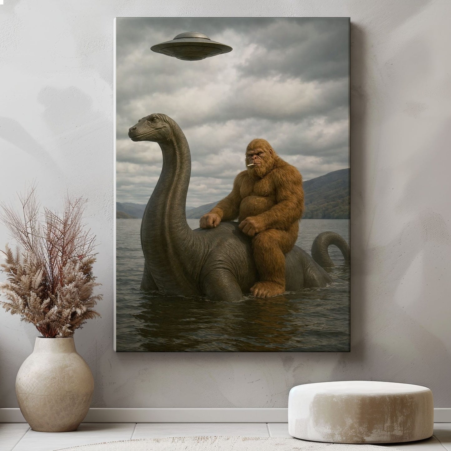 Bigfoot on Nessie Canvas Wall Art