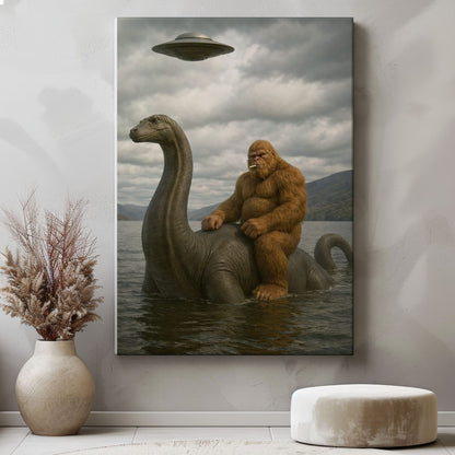 Bigfoot on Nessie Canvas Wall Art