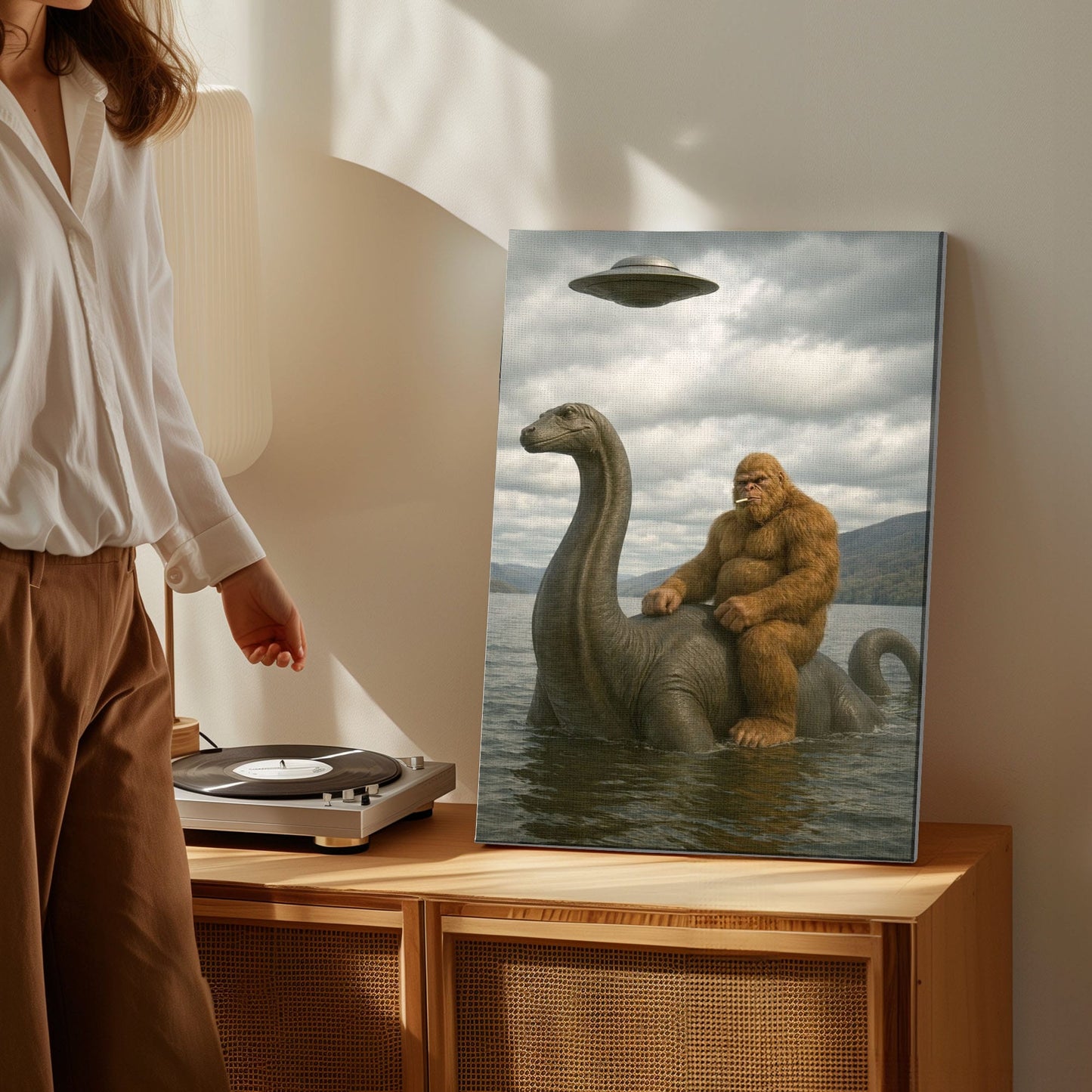 Bigfoot on Nessie Canvas Wall Art