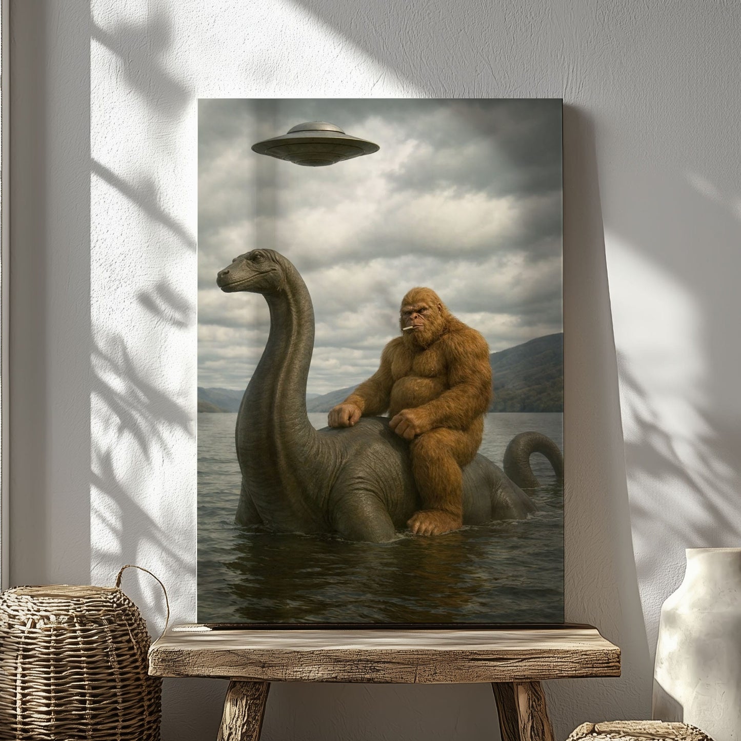 Bigfoot on Nessie Canvas Wall Art