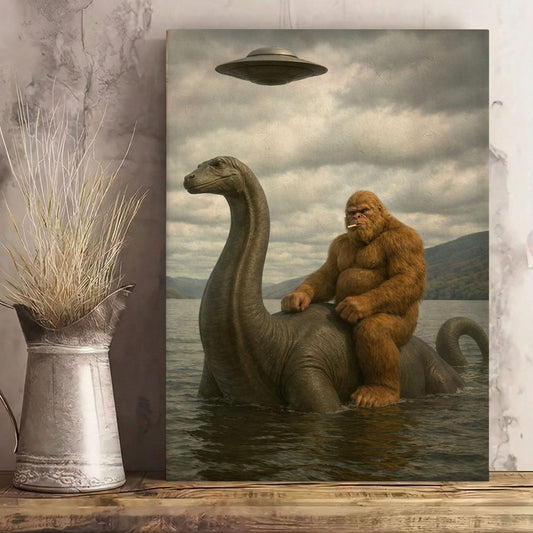 Bigfoot on Nessie Canvas Wall Art