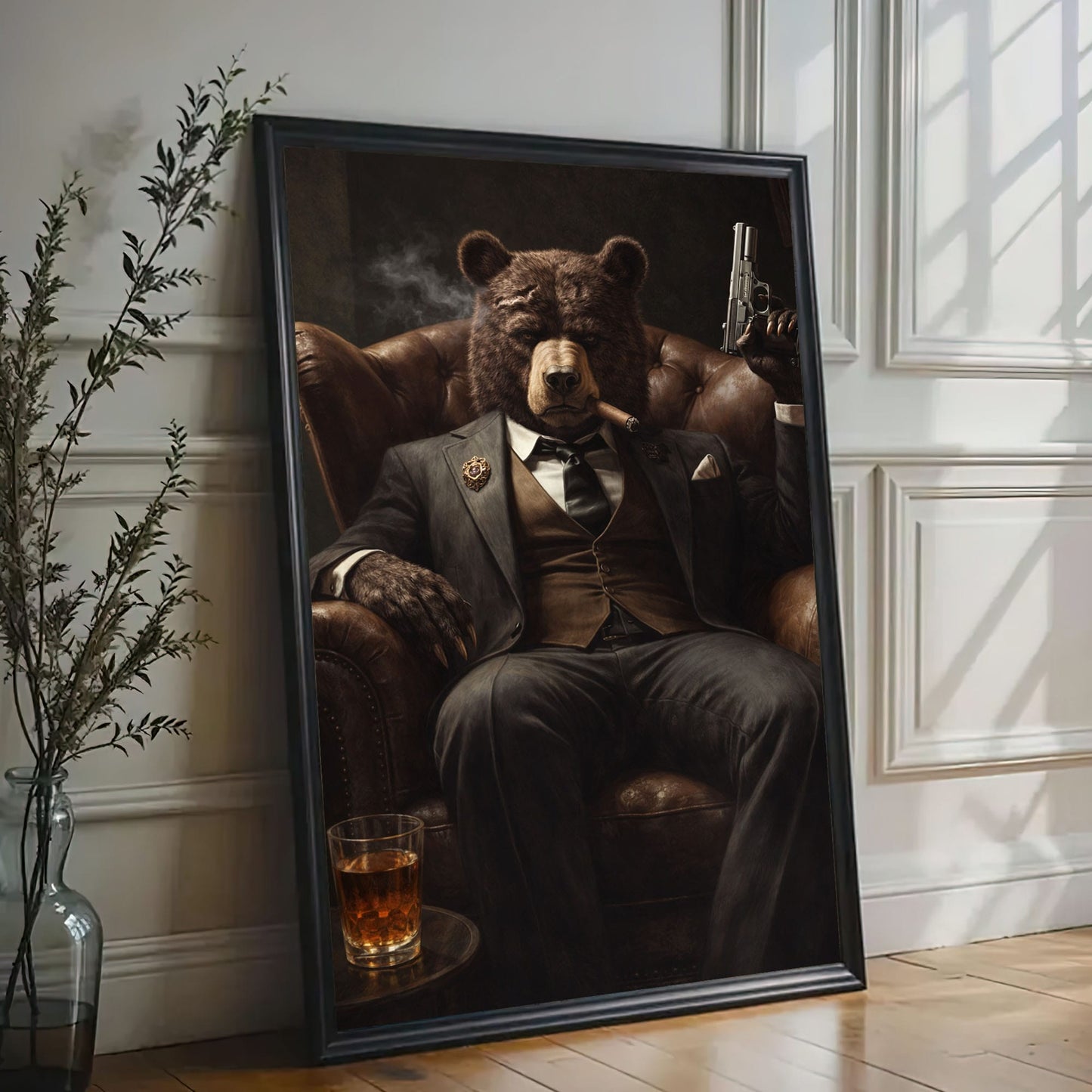 Gangster Bear Canvas Wall Art  Cigar Whiskey Man Cave Decor