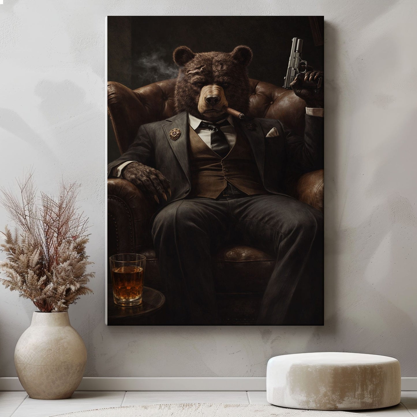 Gangster Bear Canvas Wall Art  Cigar Whiskey Man Cave Decor