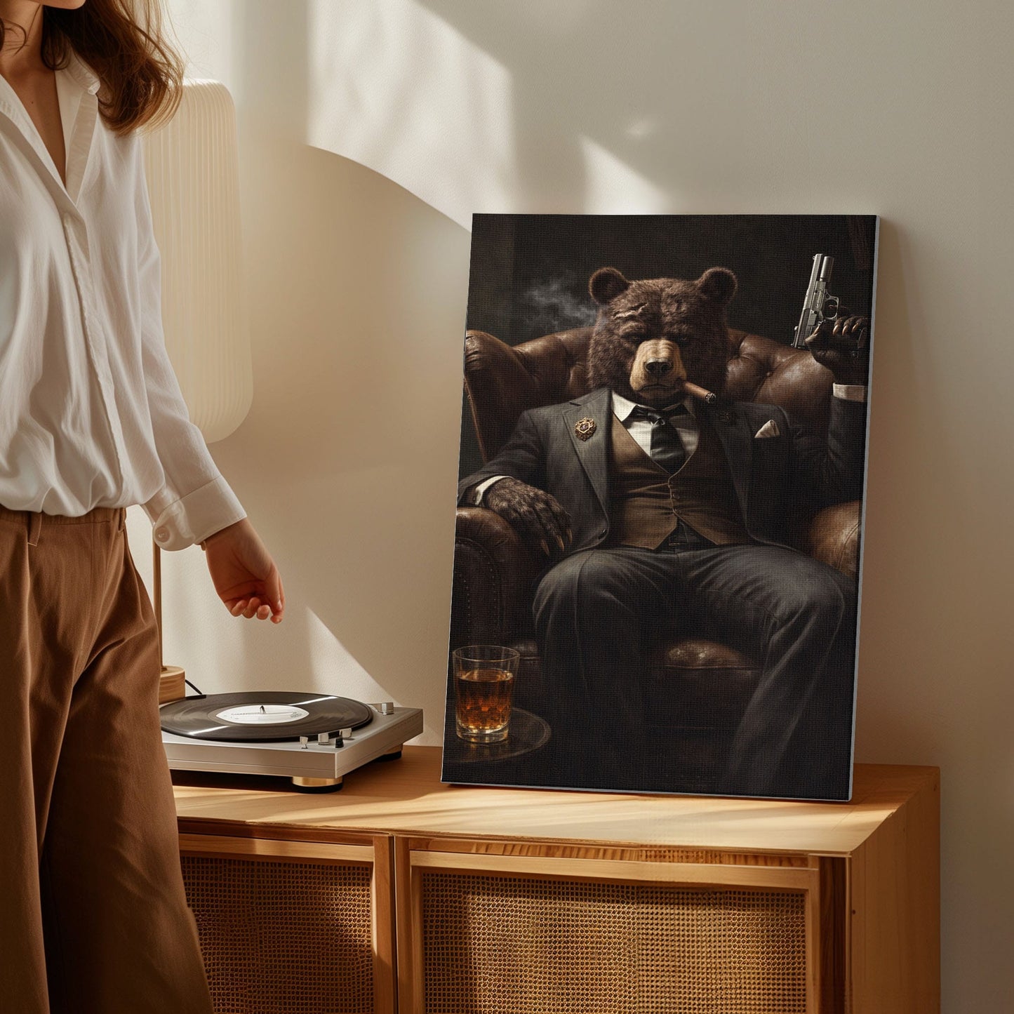 Gangster Bear Canvas Wall Art  Cigar Whiskey Man Cave Decor