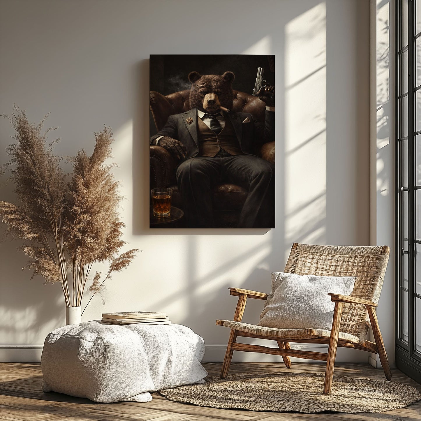 Gangster Bear Canvas Wall Art  Cigar Whiskey Man Cave Decor