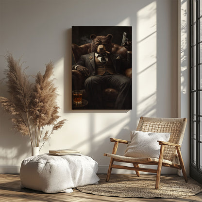 Gangster Bear Canvas Wall Art  Cigar Whiskey Man Cave Decor
